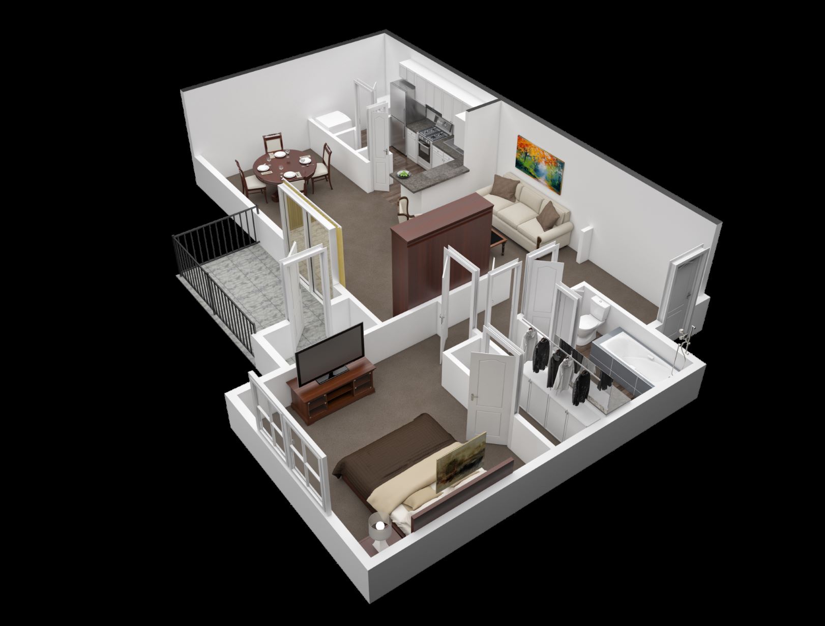 Floor plan for 1 bed, 1 bath, 932 sqft